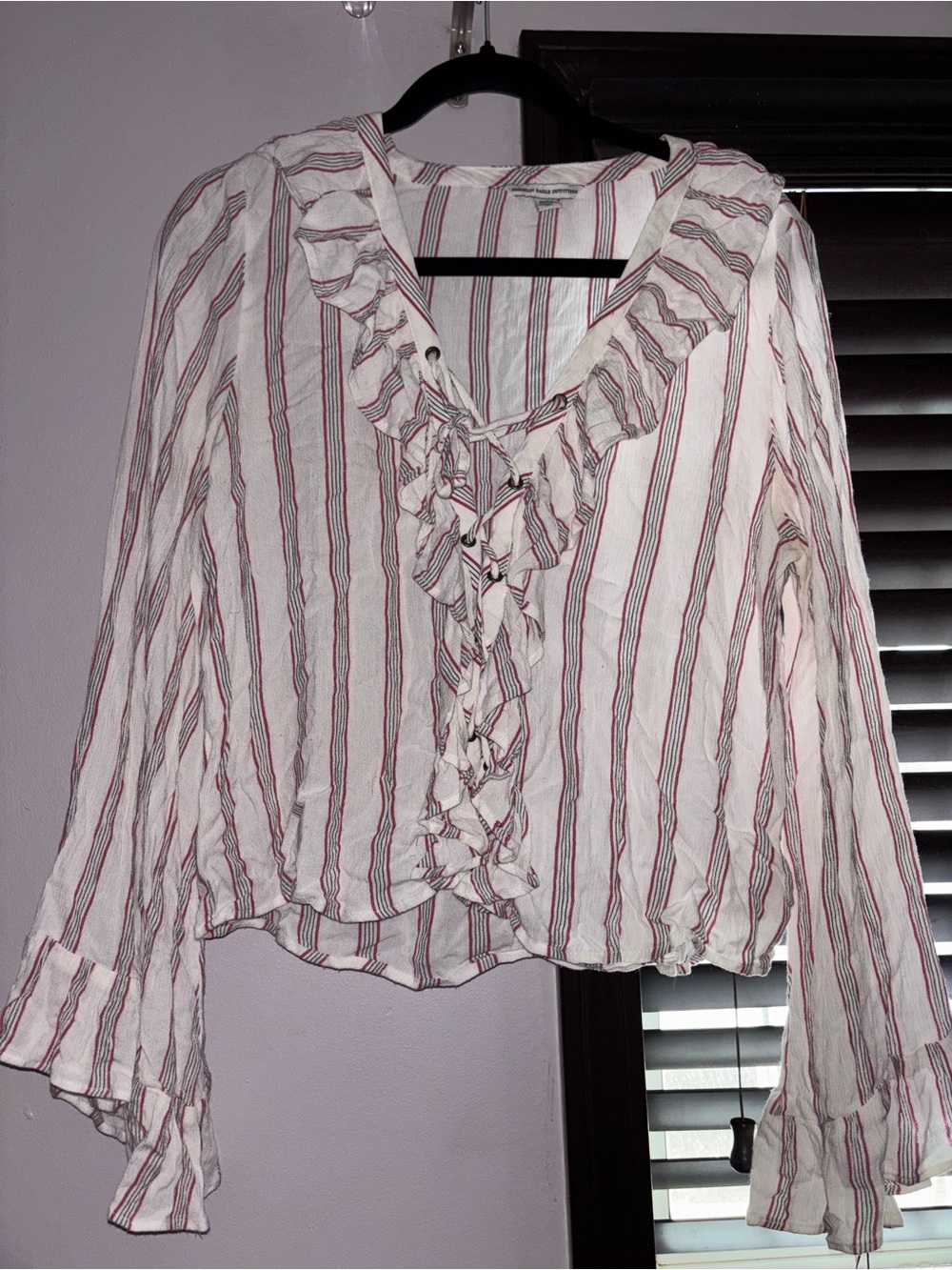 American Eagle Outfitters White Blouse with Red Stripes and Ruffle Lace-Up Front